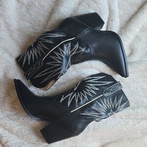 Black Western Ankle Boots with White Embellishments